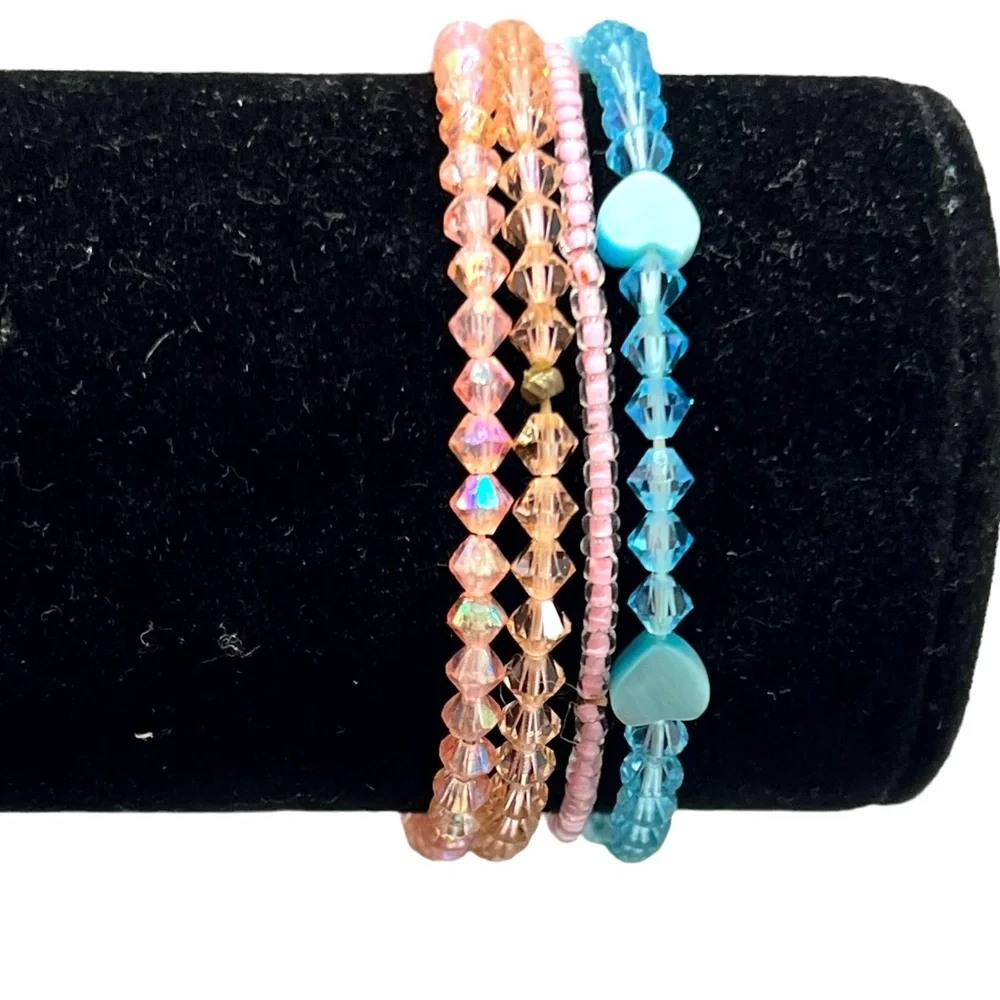 CRYSTAL STRETCH BRACELETS - PINK, PEACH, & BLUE - SET OF 4